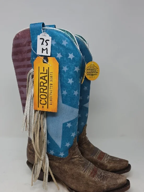 Corral Blue Star & American Flag Fringe Heeled Boots Size 7.5 - Picture 3 of 6